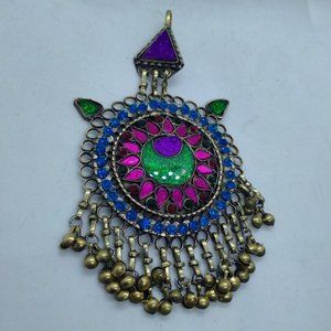 Afghan Vintage Multicolor Glass Stones Teeka, Massive Teeka With Dangling Bells,